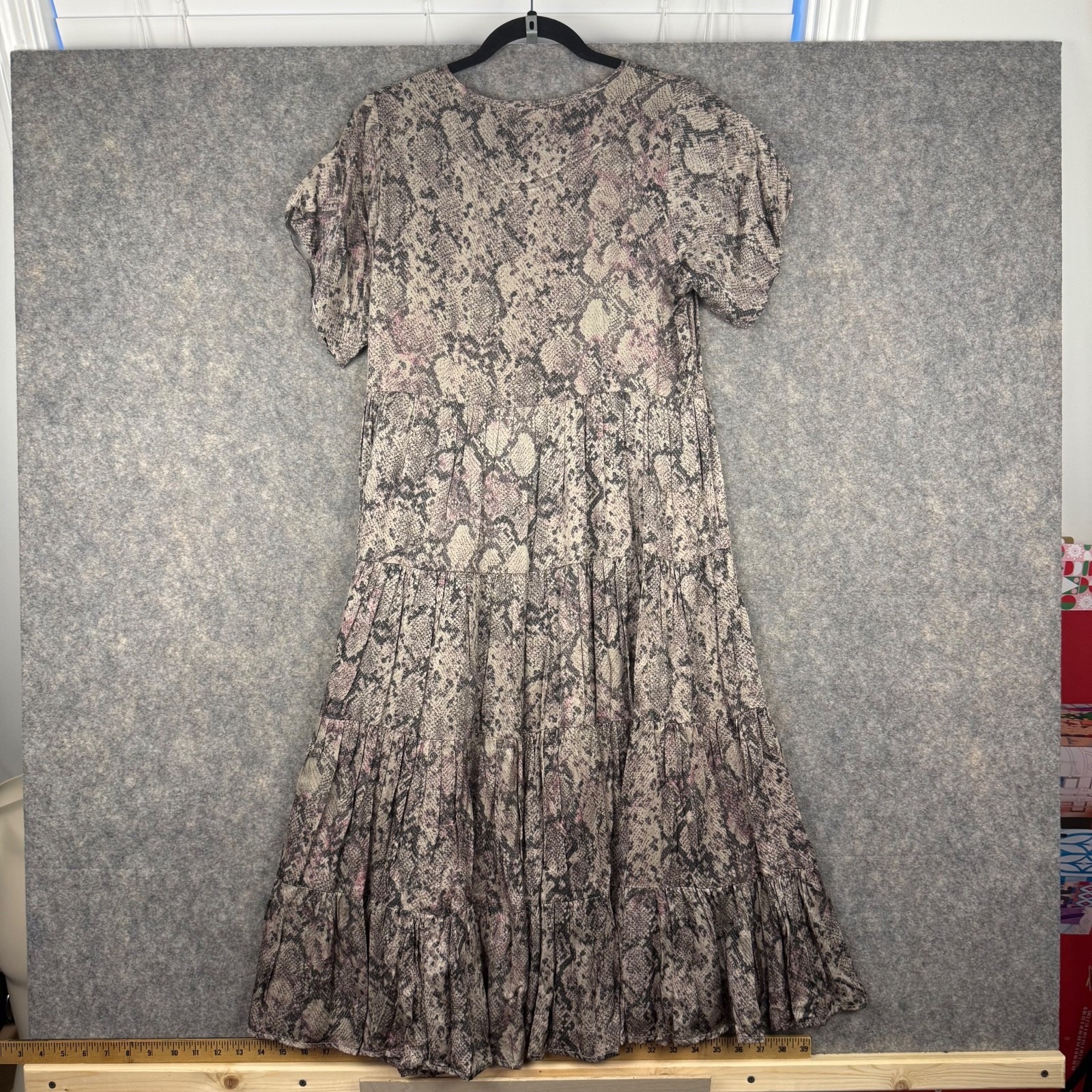 Karlie Python Tiered Shift Midi Dress Blue Tassels Taupe Brown Pink Medium 697