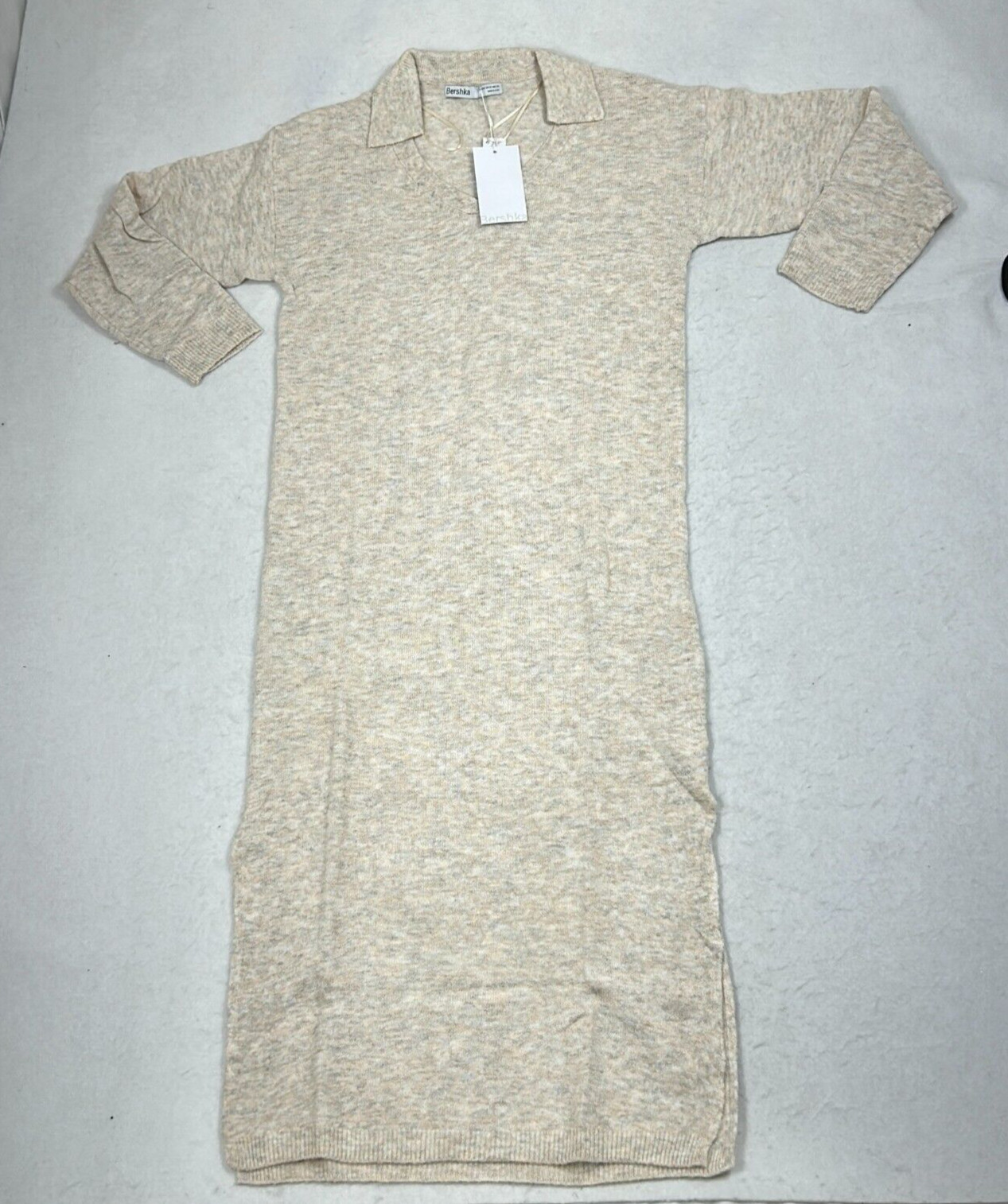 Bershka Sweater Dress Beige Long Sleeve Collared Stretch Pullover Sz XS, L Women