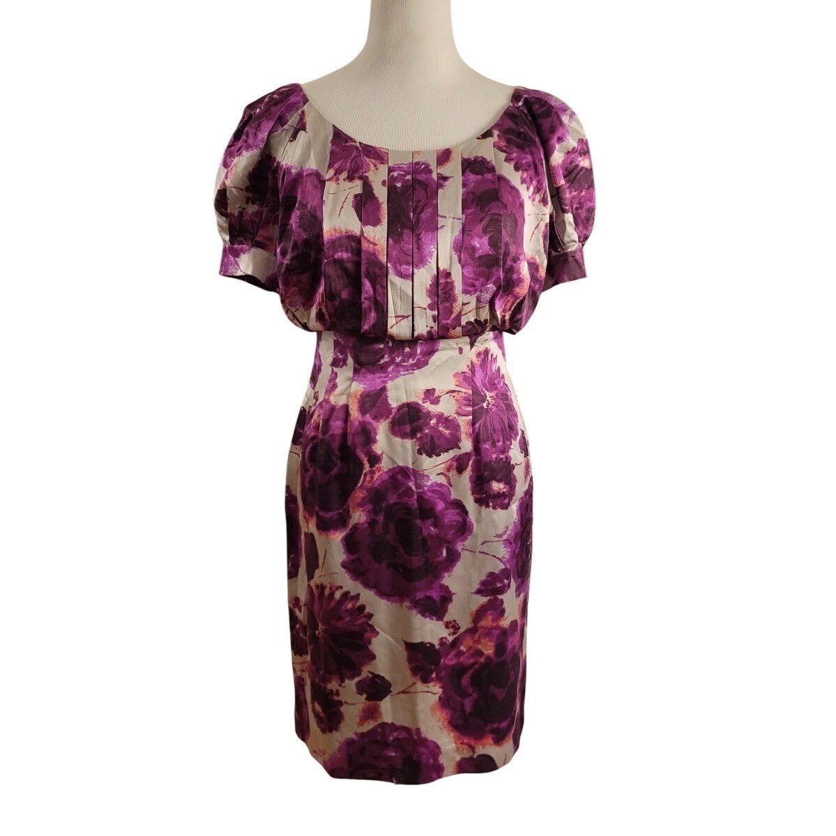 (B5) Moda International Silk Purple Floral Rose Puff Sleeve Midi Dress 14 NWOT