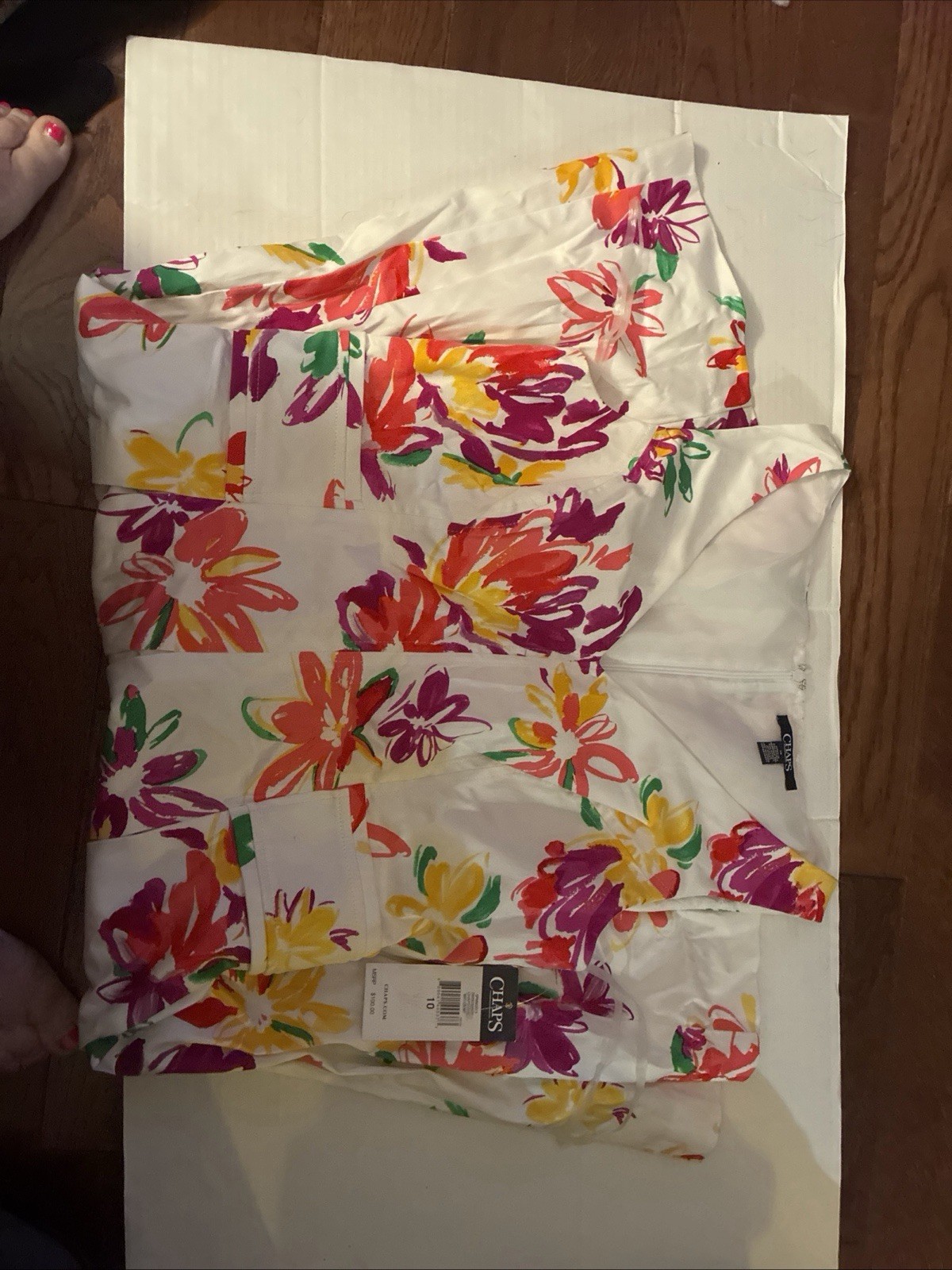 CHAPS White Floral Mini Fit & Flare Dress Women Size 10 V-Neck Sleeveless Zip Up