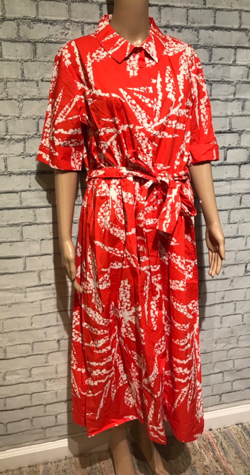NWT$129, DKNY, 14, Orange/White 100% Cotton Leaf Print 1/2 Sleeves Long Dress