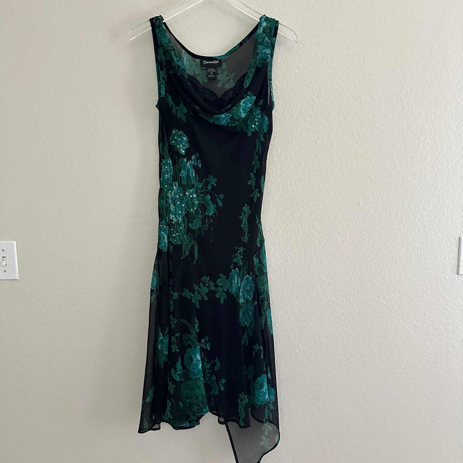Connected Midi Dress Womens Size M Black Green Floral Sequin Asymmetrical Y2K