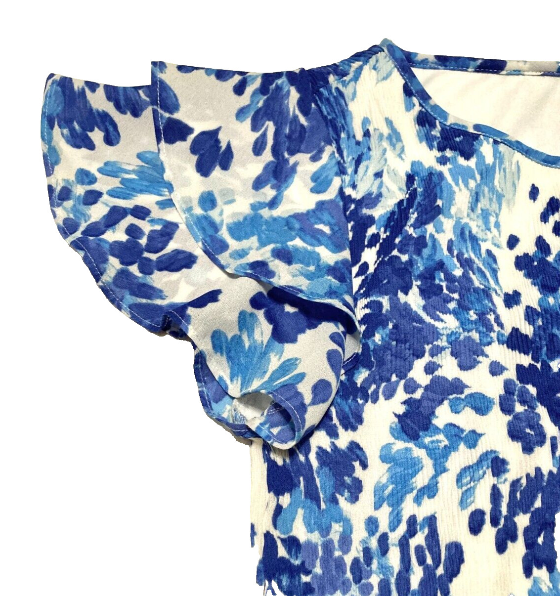 Chiffon Dress Flutter Sleeve A-Line Midi Blue White Smocked Top Flowy Airy Sz S