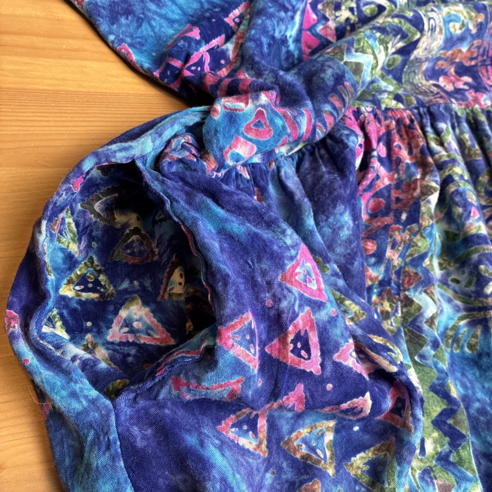 Batik Tie Dye Babydoll Mini Dress Tunic Blue Purple Flowy Boho Vtg Pockets S M 8