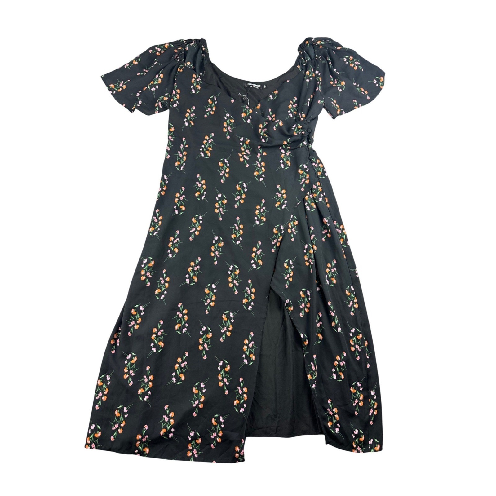 Fashion Union Butterfly Sleeve Midi Tea Dress Women 16 Black Floral Plus Summer