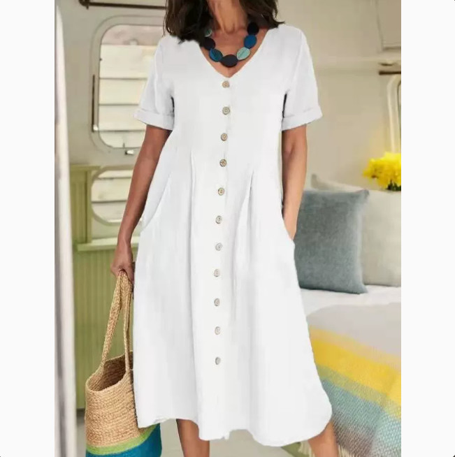 Women V Neck Linen Cotton Midi Dress Short Sleeve Loose A Line Casual Dress S-5X
