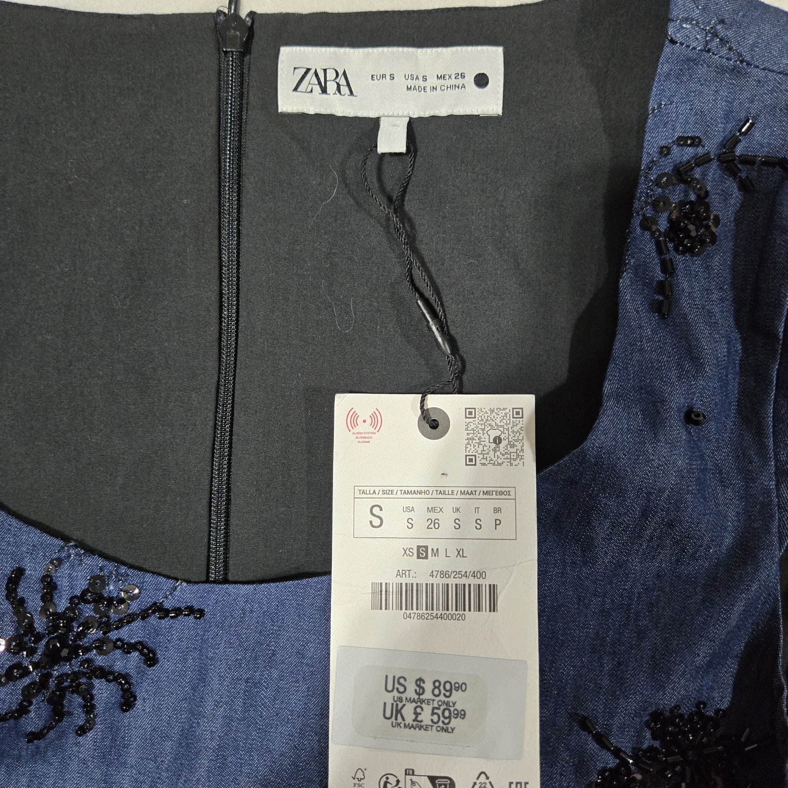 ZARA Blue Denim Color Beaded Shift Mini Dress S Sleeveless Scoop Neck Lined Zip