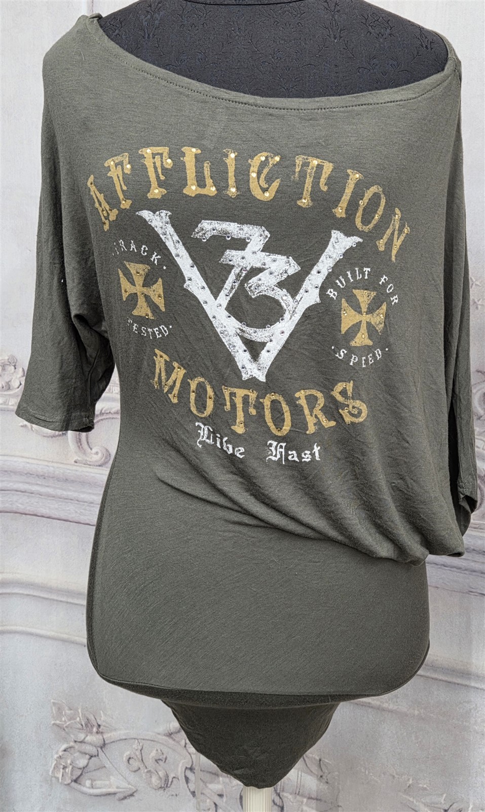 New AFFLICTION Women’s XS Black Premium Drop Shoulder Gathered Mini Dress Olive