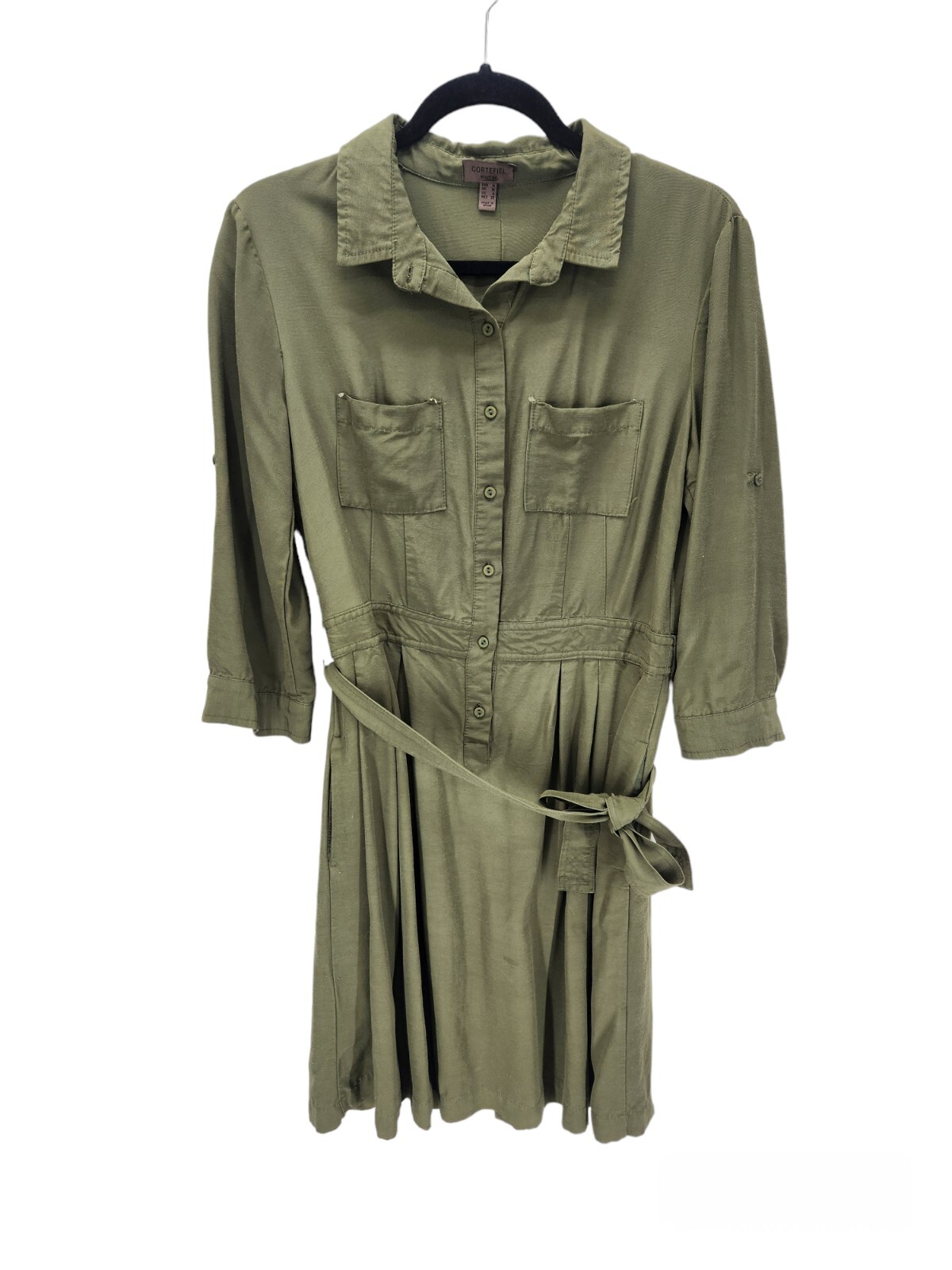 Cortefiel Shirt Dress 3/4 Sleeves Womens Size 6 Dark Green Spain Pockets