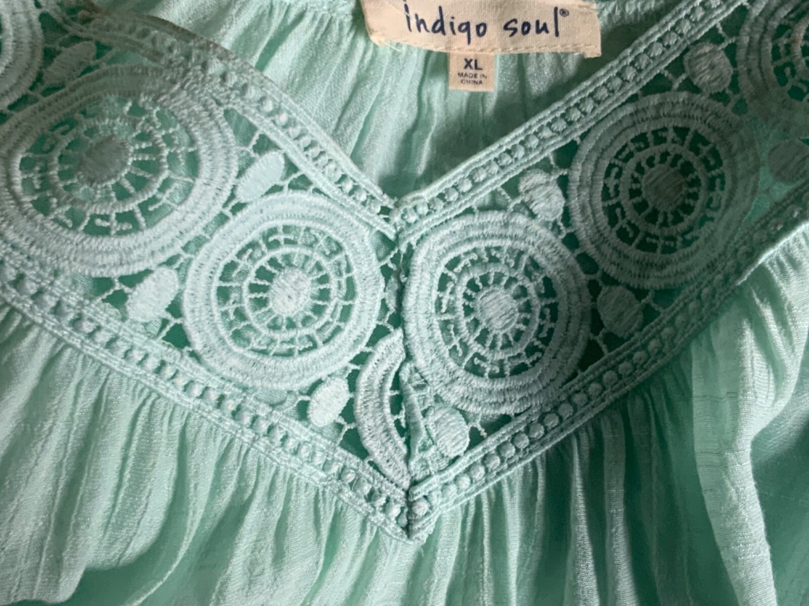 🌸 Indigo Soul Blouse Tunic Mint Green Sheer Lace Size XL 🌸