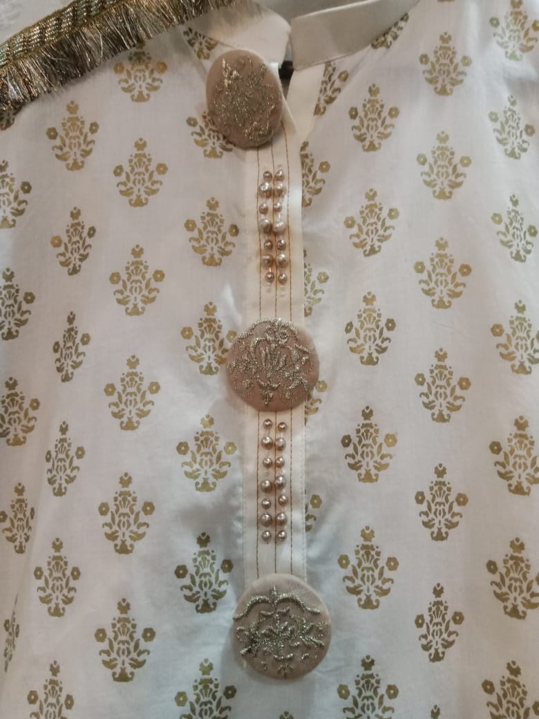 Junaid Jamshed Ivory Cotton Kurta with Maroon Churidar Pajama and Chiffon Dupata