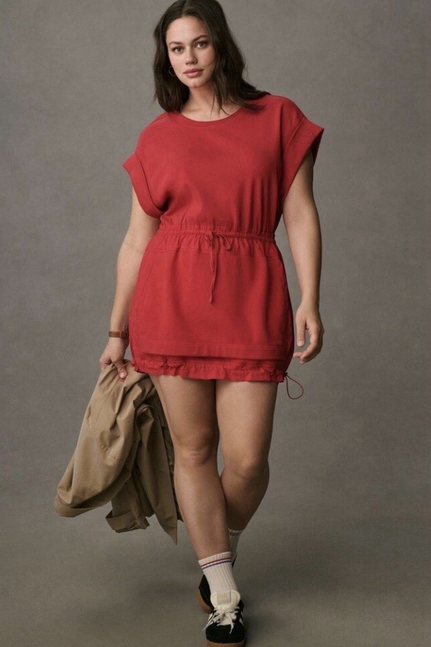 Daily Practice by Anthropologie Short-Sleeve Mini Dress Red Ribbed Tie Medium P4
