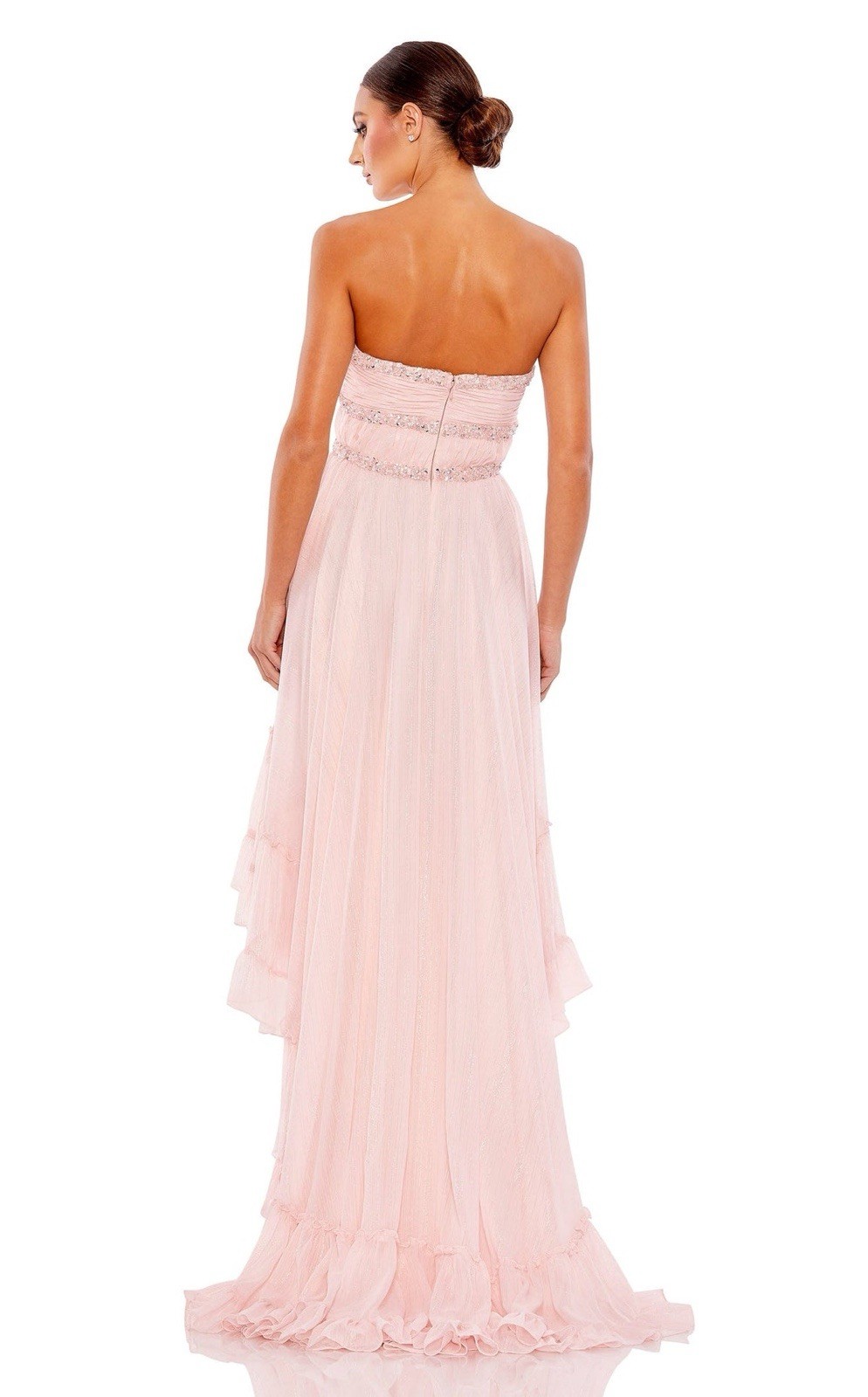 Mac Duggal Strapless Beaded Ruffle High Low Prom Gown in Ice Pink Sz 6 Princess