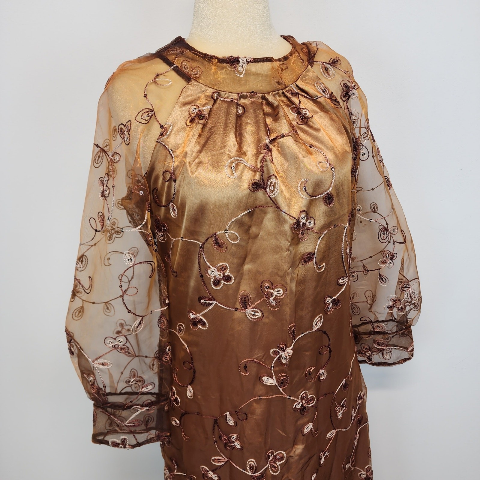 Embroidered Regency Floor Length Dress Size L Brown Damask Taffeta Sheer Whimsy
