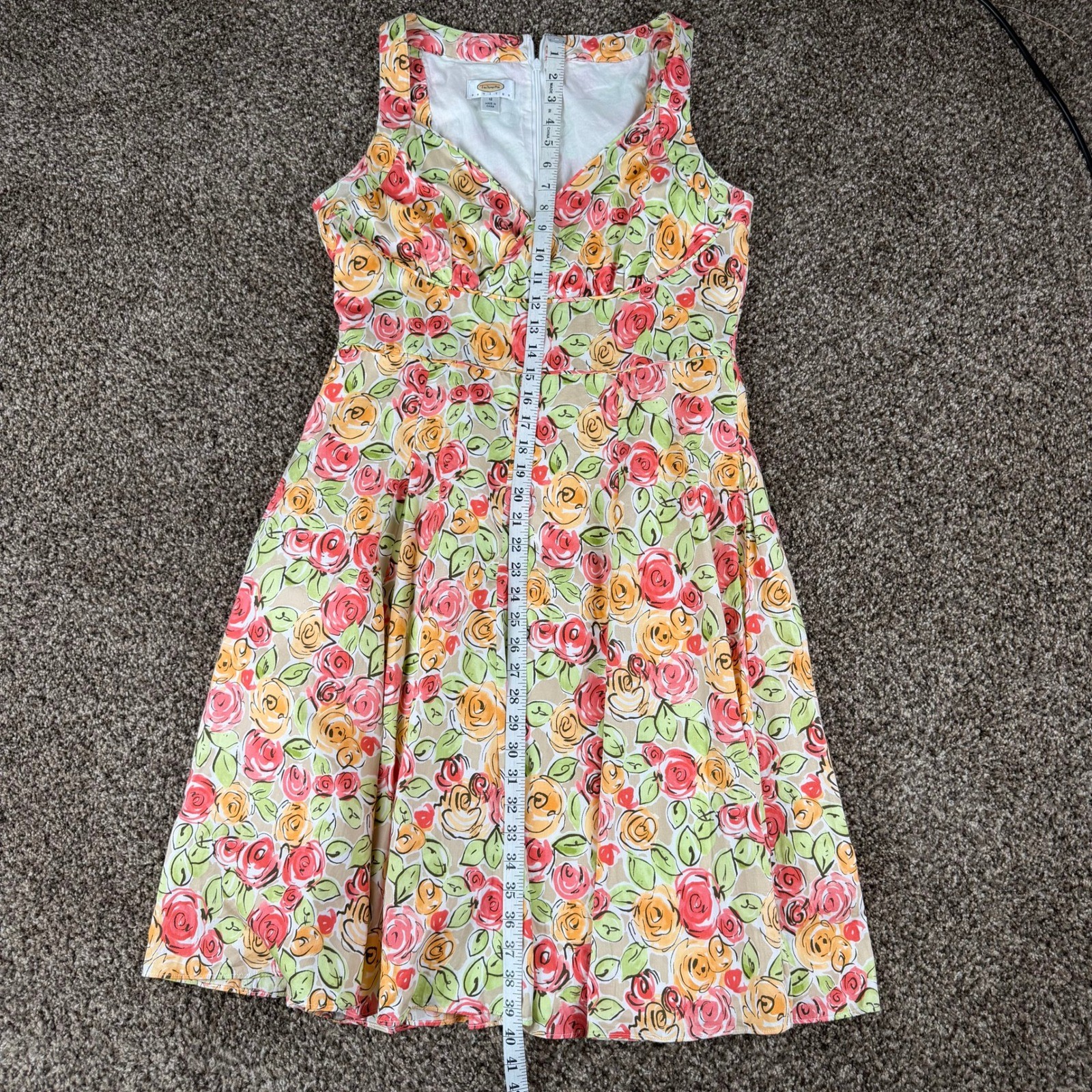 Talbots Petites Floral Rose Print Fit and Flare Midi Dress Sleeveless V-Neck 12P