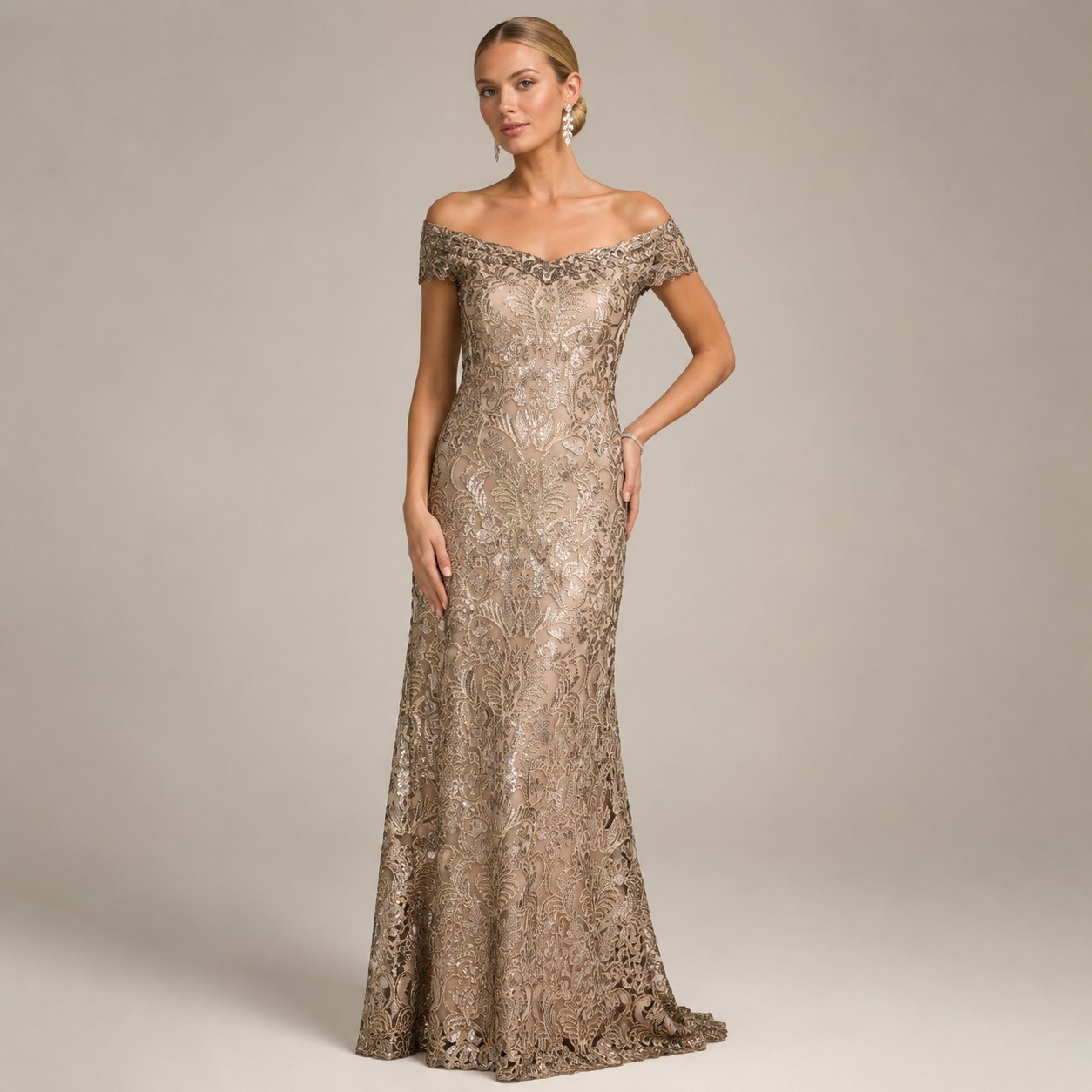 Tadashi Shoji Harford Sequined Gown Gold Lace Off-the-Shoulder Formal Dress