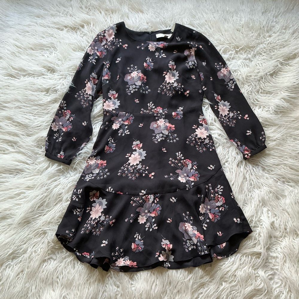 🆕 LOFT WILDFLOWER FLOUNCE DRESS BLACK PINK GREY