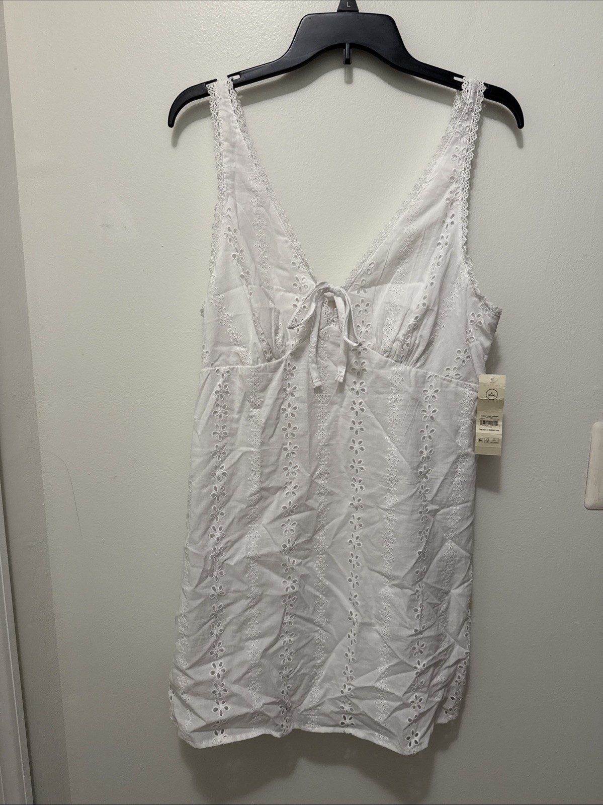 No Boundaries Women’s Size L Eyelet Cotton Lace Trim Plunge Mini Dress, NWT