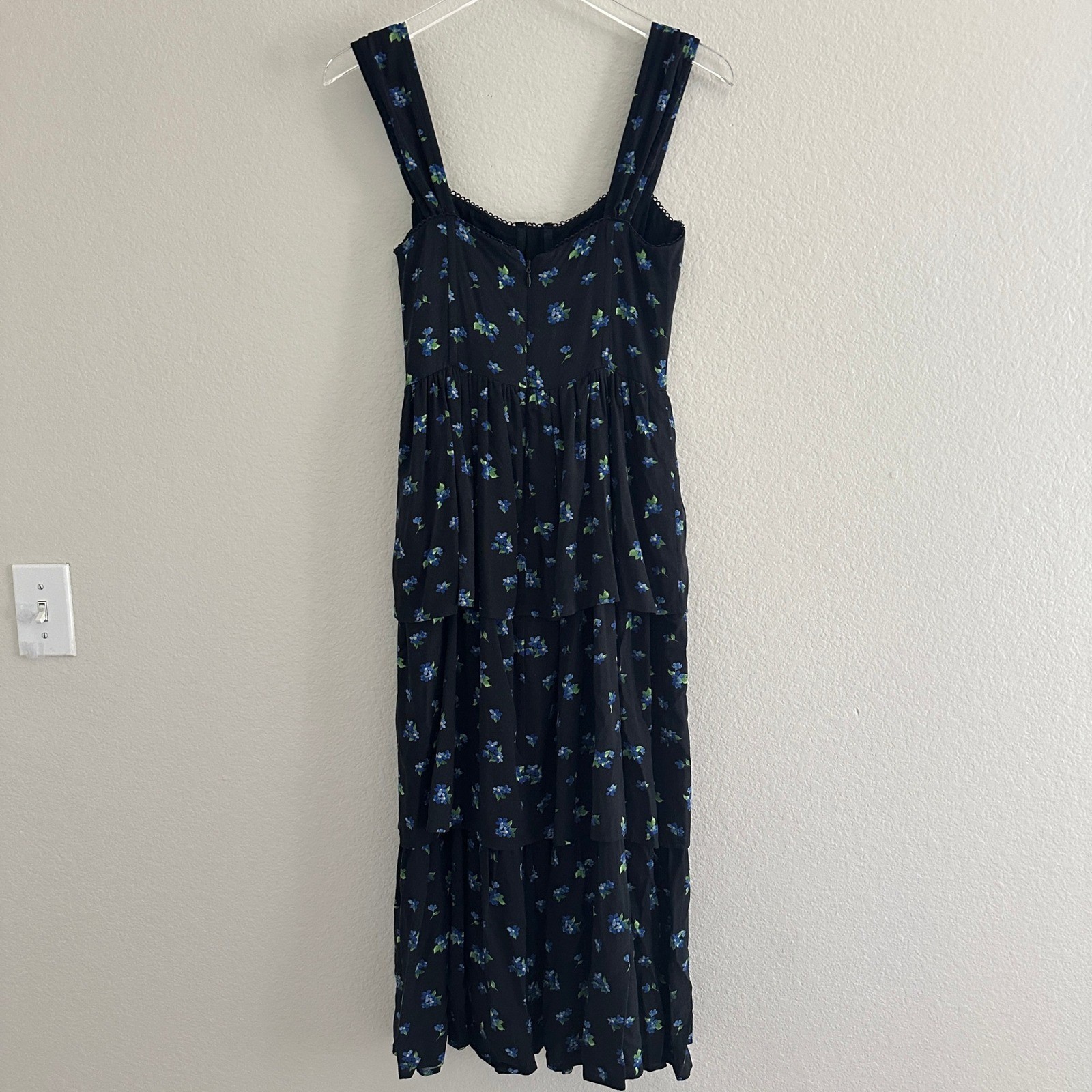 WeWoreWhat Corset Tiered Midi Dress Womens S Black Blue Floral Cottagecore