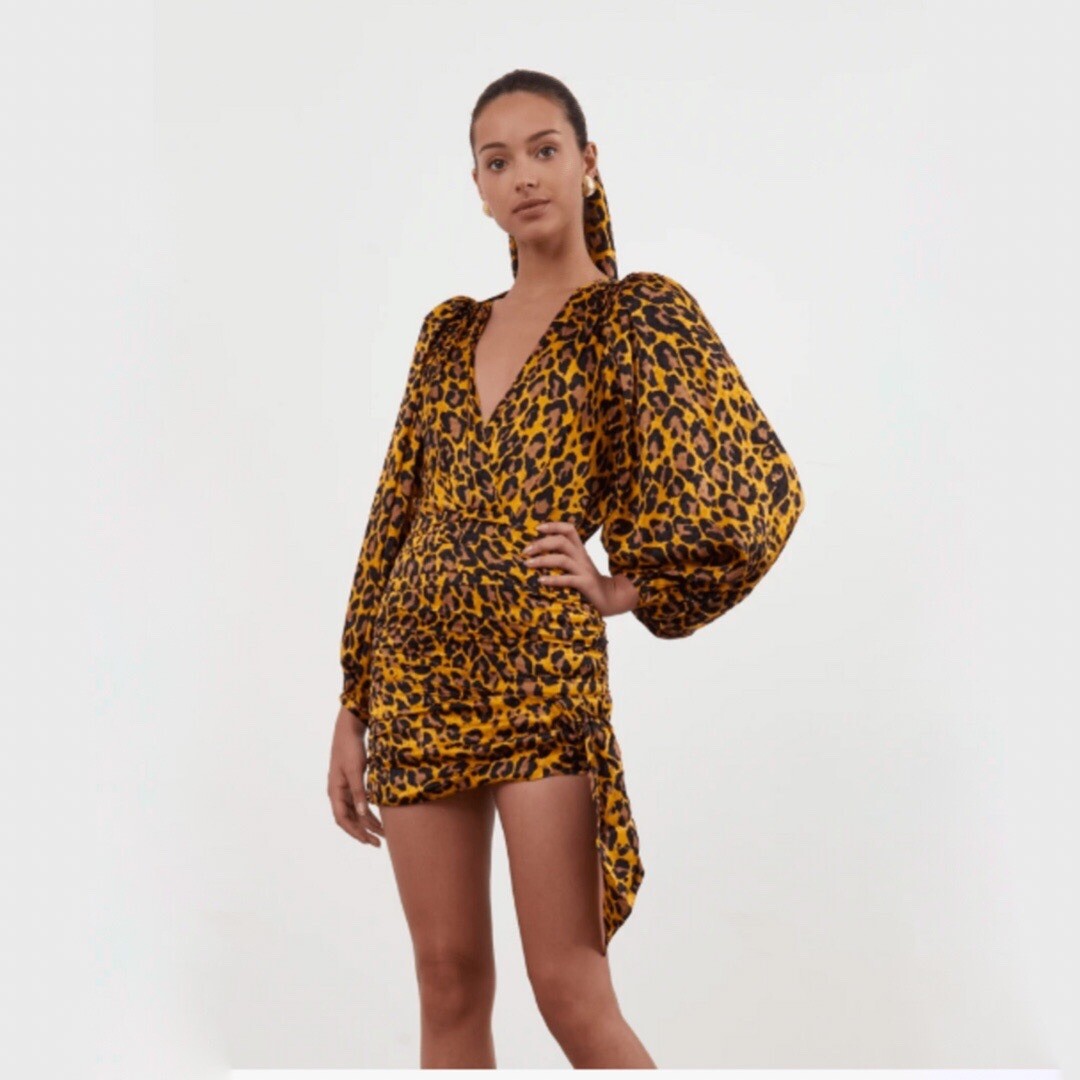 NWT! Size: S Ronny Kobo Giorgia Leopard Print Puff-Shoulder Faux Wrap Dress