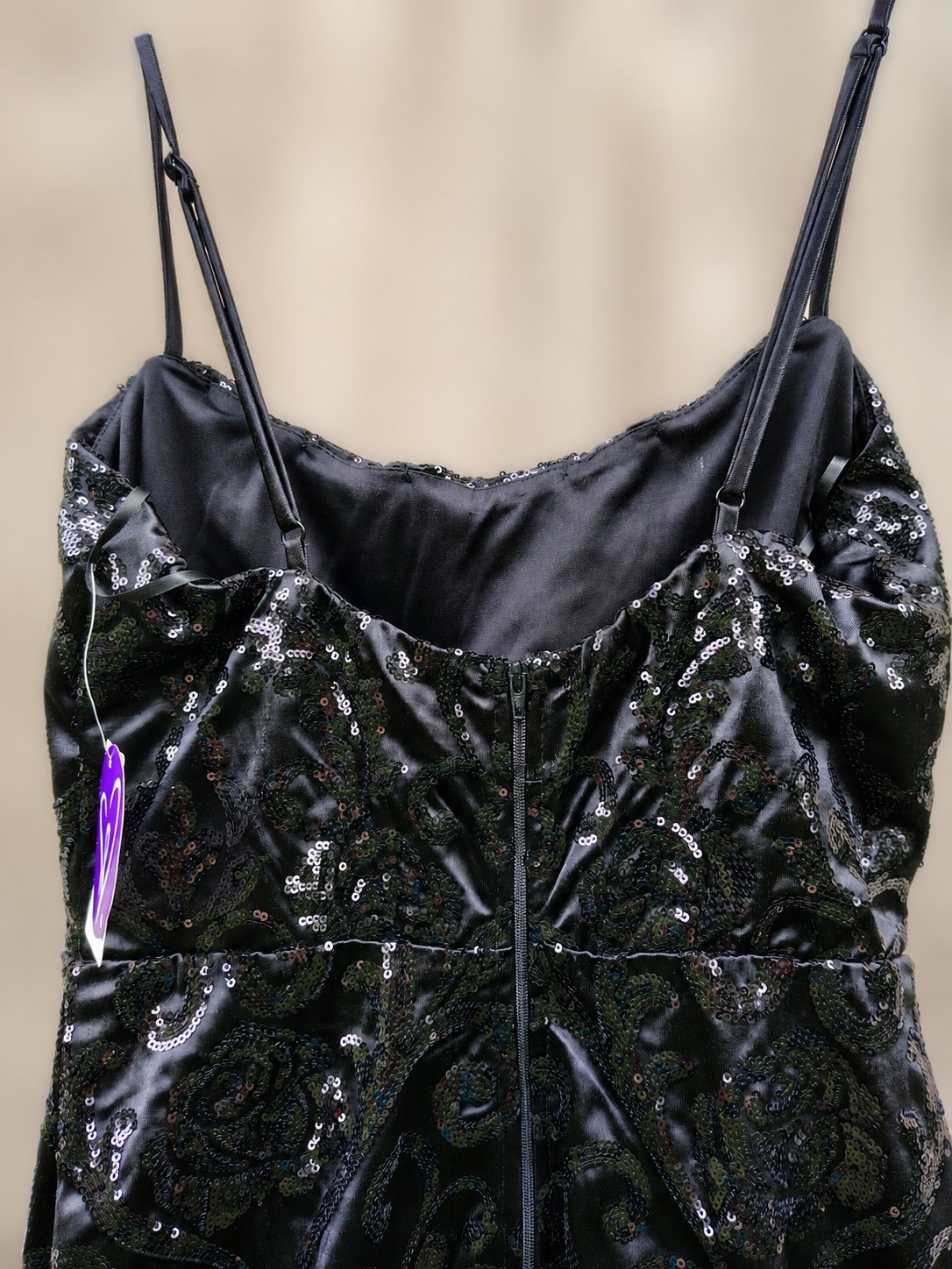 NEW Windsor Black Sequin Mini Dress Large Spaghetti-Strap Back Zip Stretch Event