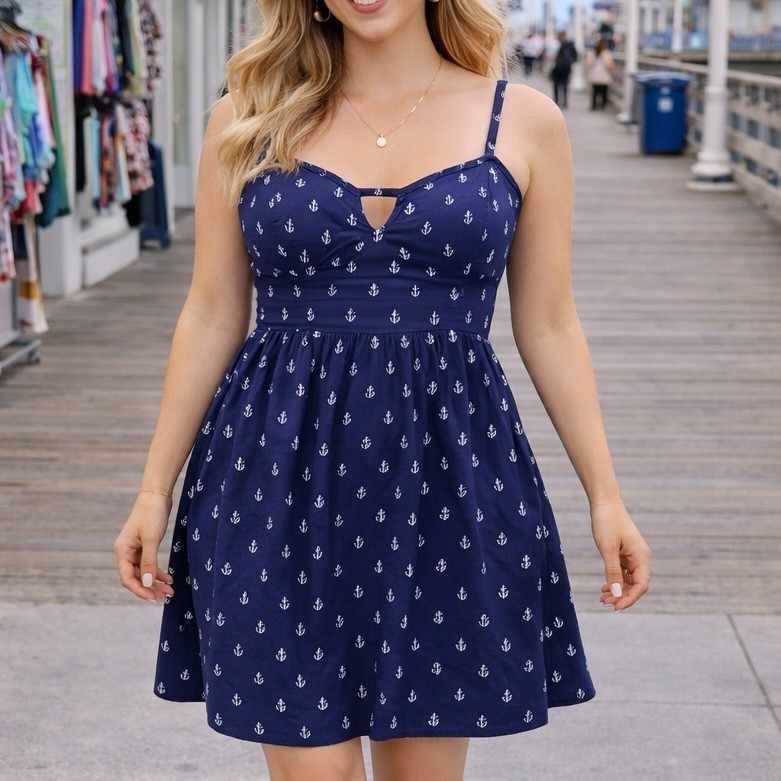 AUW Sundress Womens Large Anchor Nautical Sweetheart Empire Coastal Summer Dress