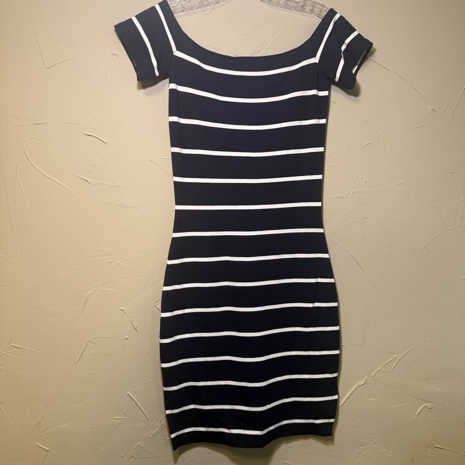 NWT A/X Armani Exchange Off Shoulder Navy & White Striped Bodycon Dress Size XXS