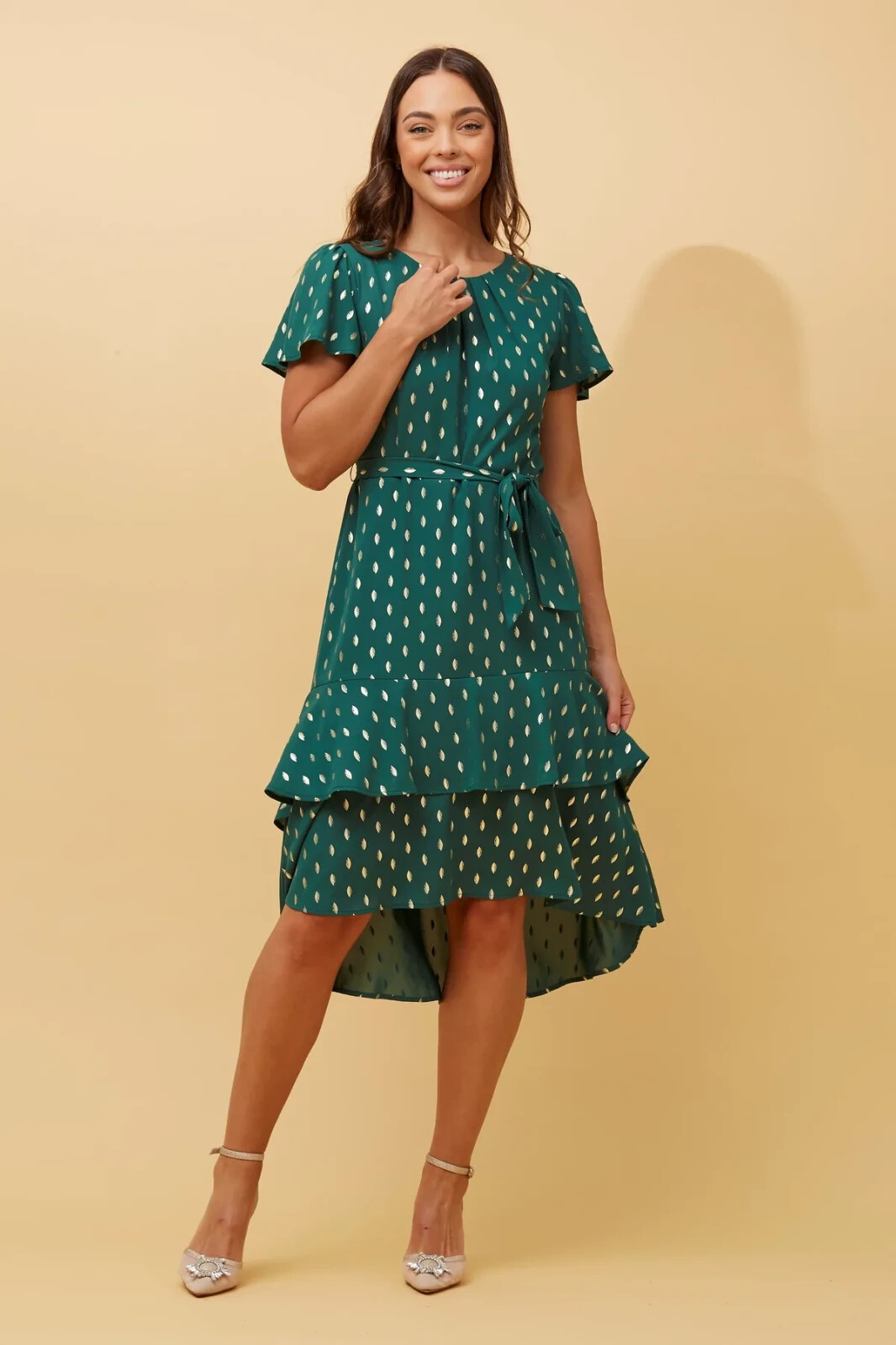 Proud Poppy Green Gold Foil Christmas Dress Size 10 Flutter Sleeves Emerald