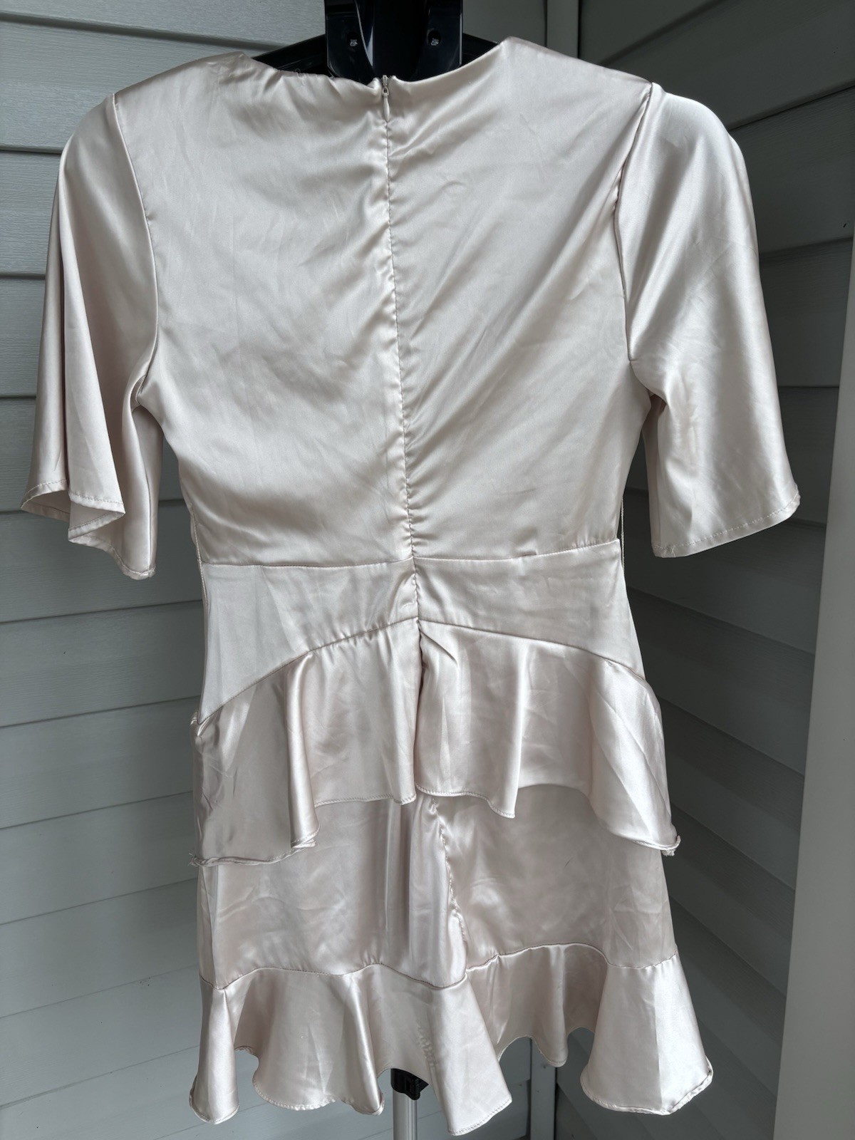 Altar’d State Satin Wrap Mini Dress Beige V-Neck Short Sleeve Ruffle S