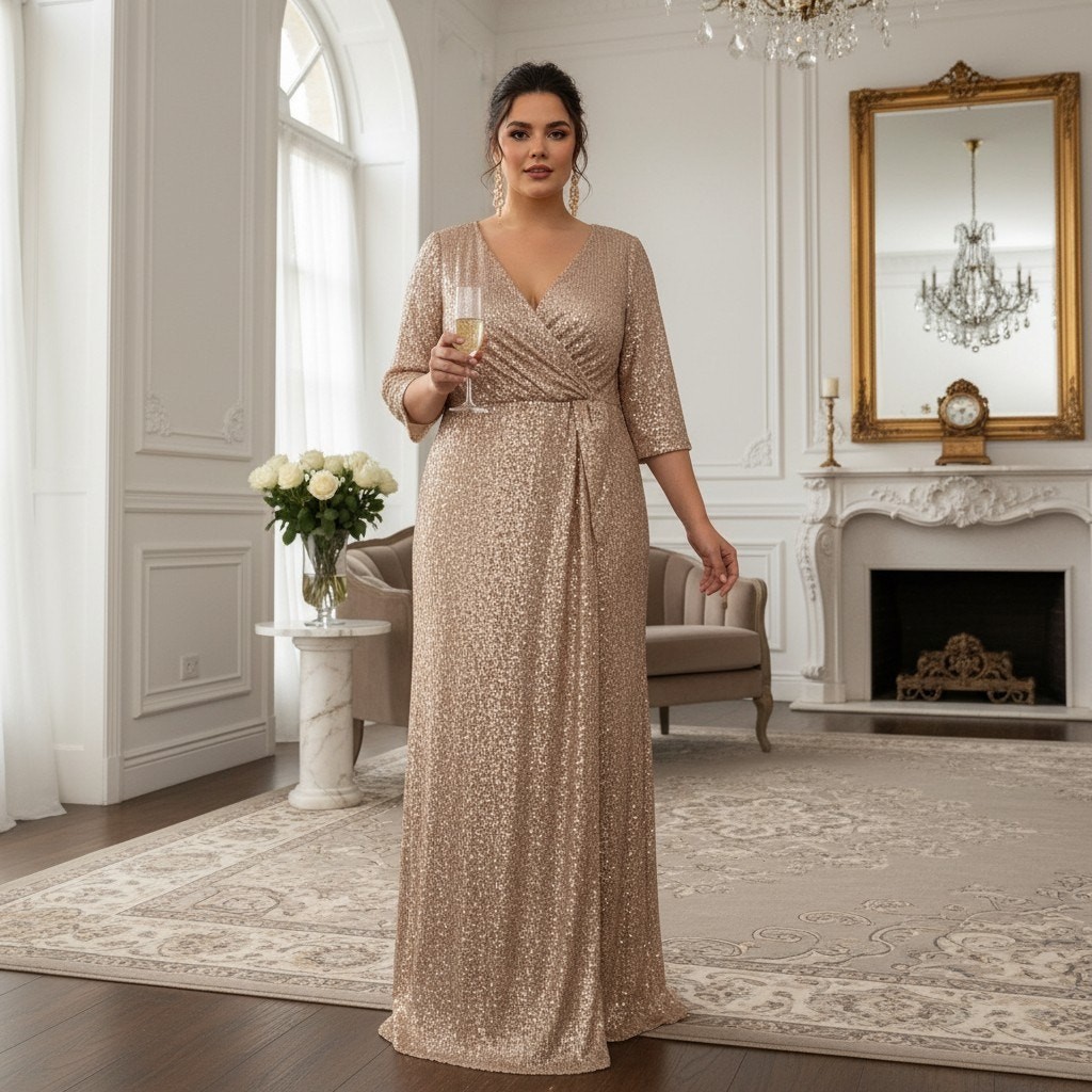 G-27 Alex Evenings Gold Sequin Gown Size 20W NWT – Elegant Wrap Bodice
