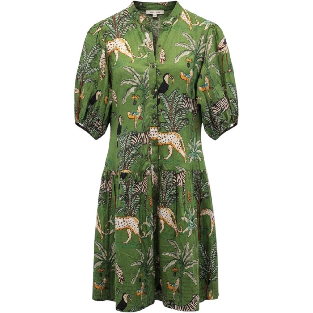 Fox & Hen Midi Dress Green Jungle Animal Print Tiered Safari Tag XL (Runs Sm)