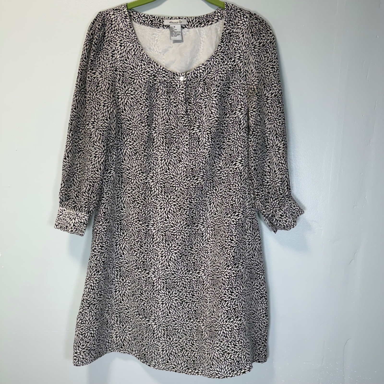 Hanna G Womens Black White Silk Floral Sunburst Shift Dress Size M 3/4 Sleeve