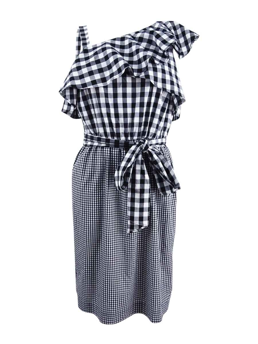 Calvin Klein Women’s Gingham One-Shoulder Flounce Dress
