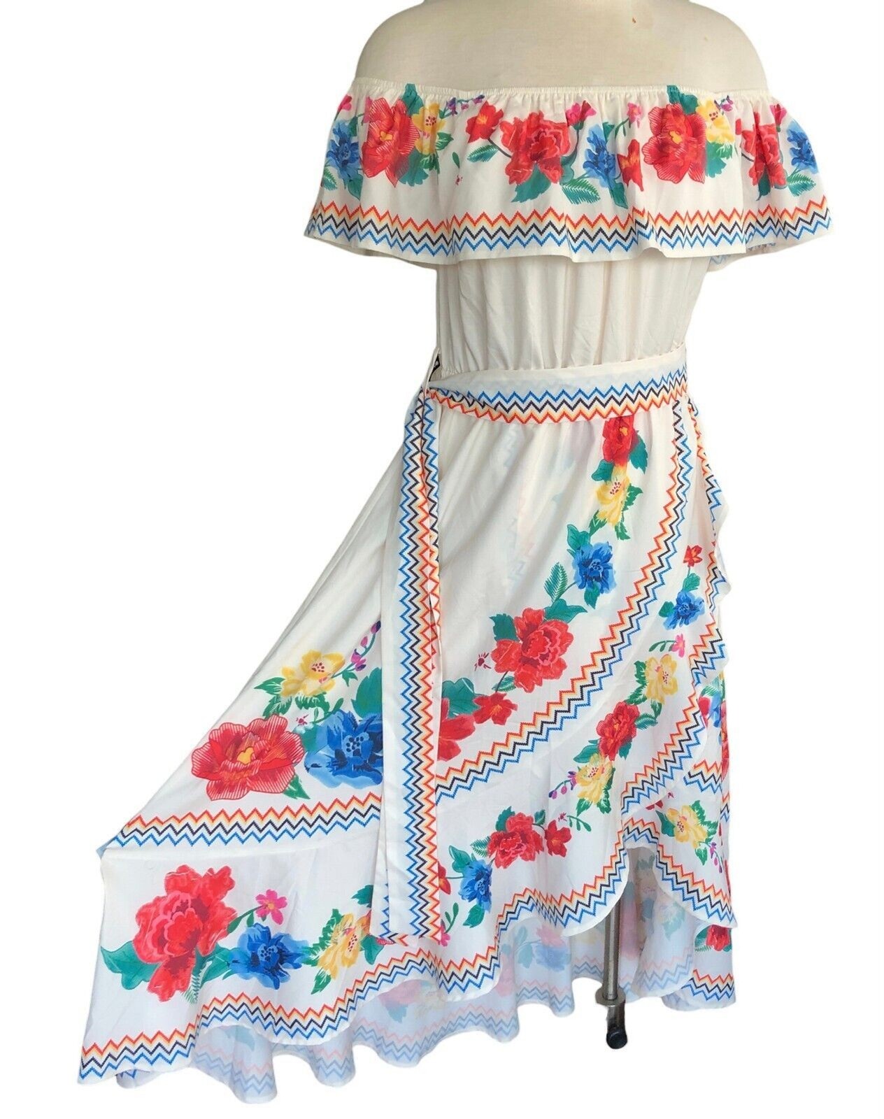 Chicwish Wm XL Sleeveless Off The Shoulder White/Floral Lined Belted Maxi Dress