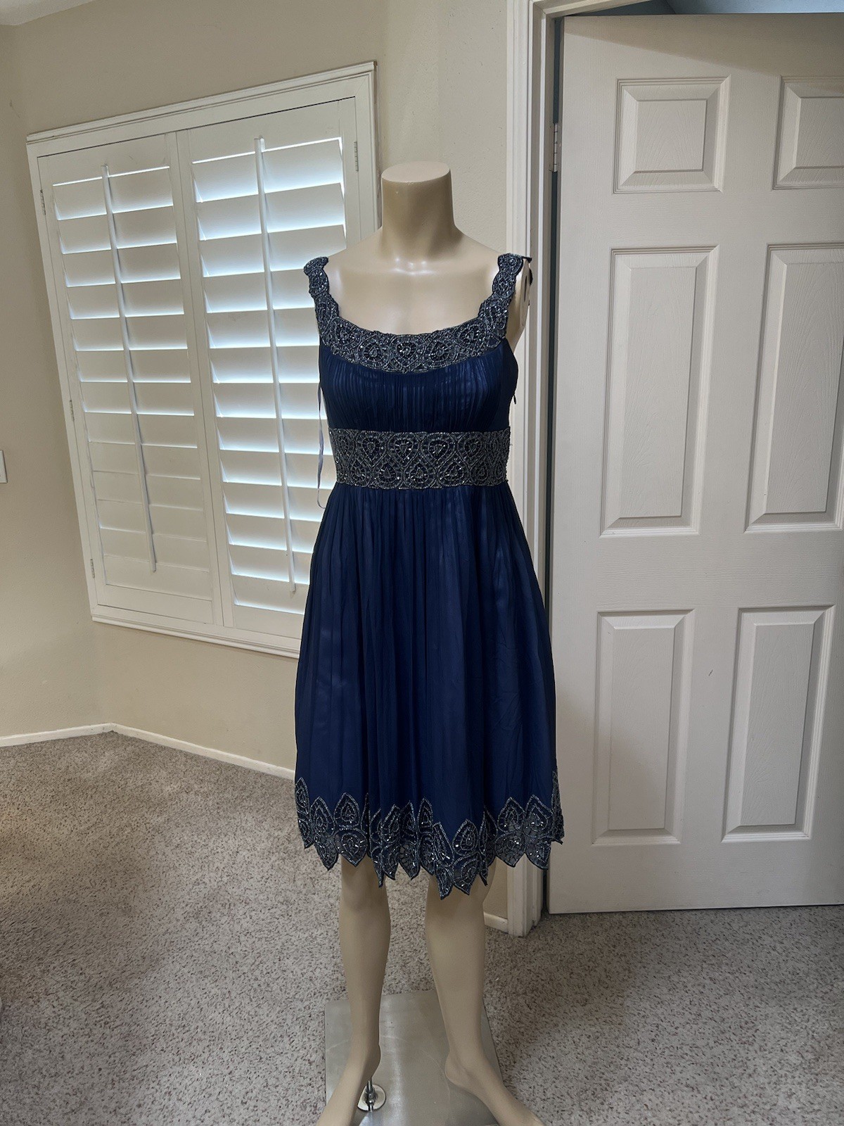 ADRIANNA PAPELL Blue Silk Heavy Scalloped Beaded Fit & Flare Tulle Skirt Dress 4