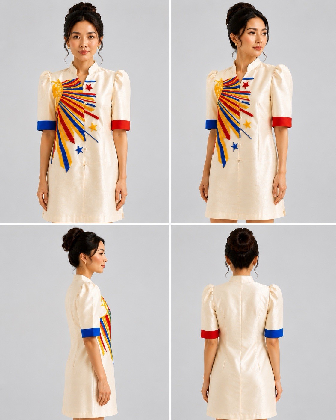 Modern Filipiniana Sinag Cream dress with red, blue, and yellow starburst graphi
