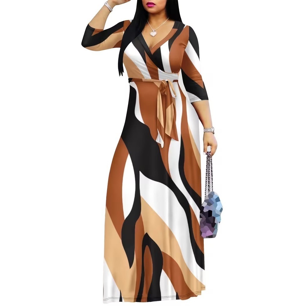 Women Abstract Print Faux Wrap Maxi Dress Brown Tan Black White 3/4 Sleeve
