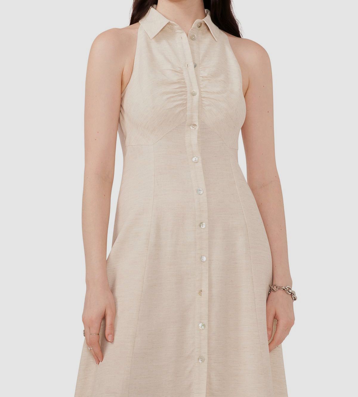 1.STATE Women’s Beige Ruched Button-Front Sleeveless Shirtdress Size S