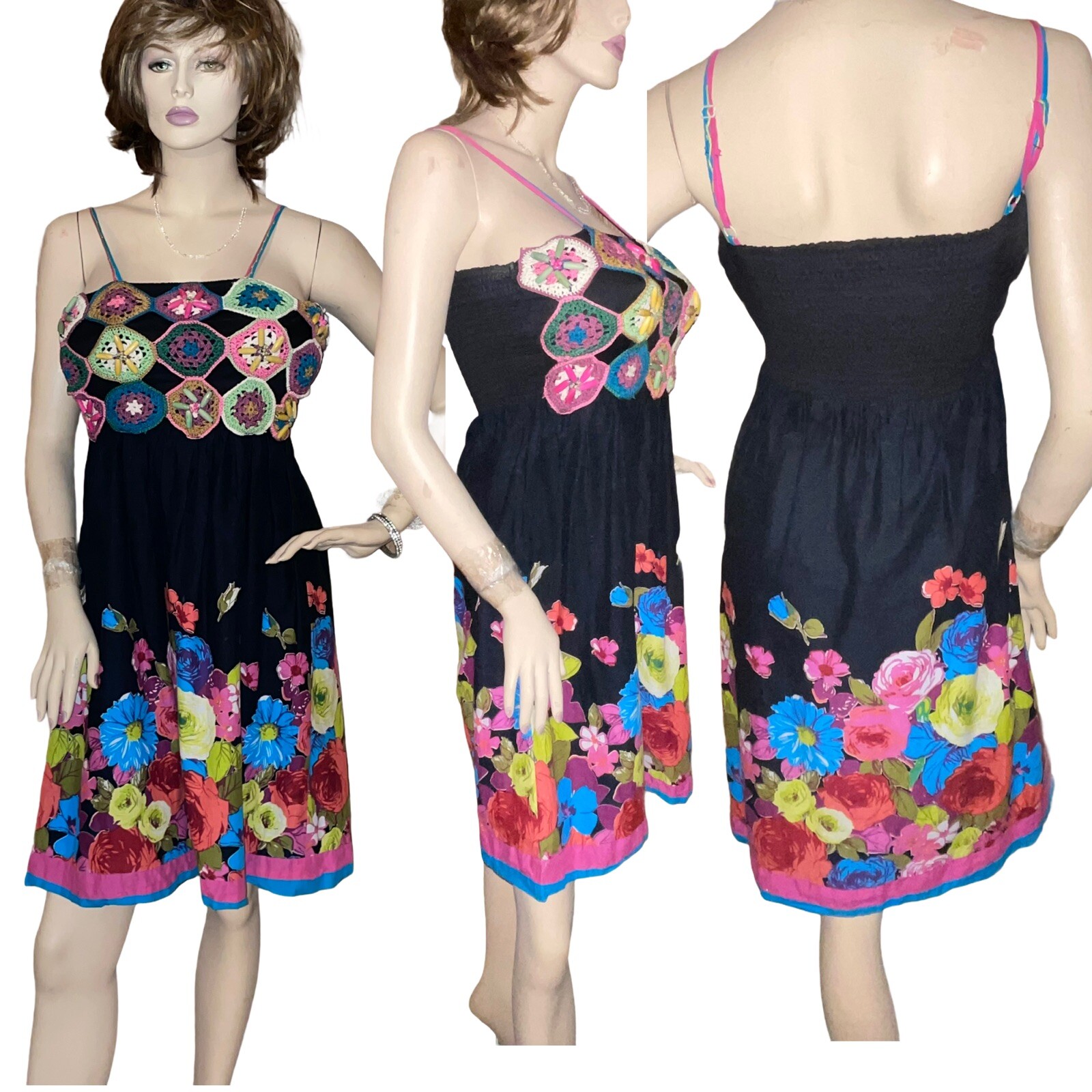Miss Kelly 1999 Black Floral Crochet Sun Dress sz M