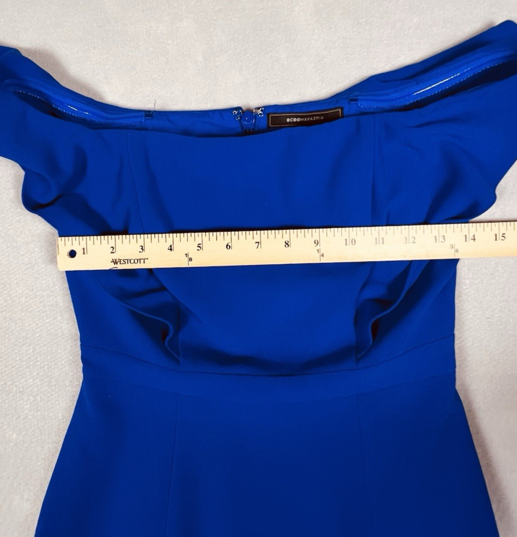 BCBG BCBGMAXAZRIA Dress Alandra Off Shoulder Flounce Hem Larkspur Blue Women’s 2