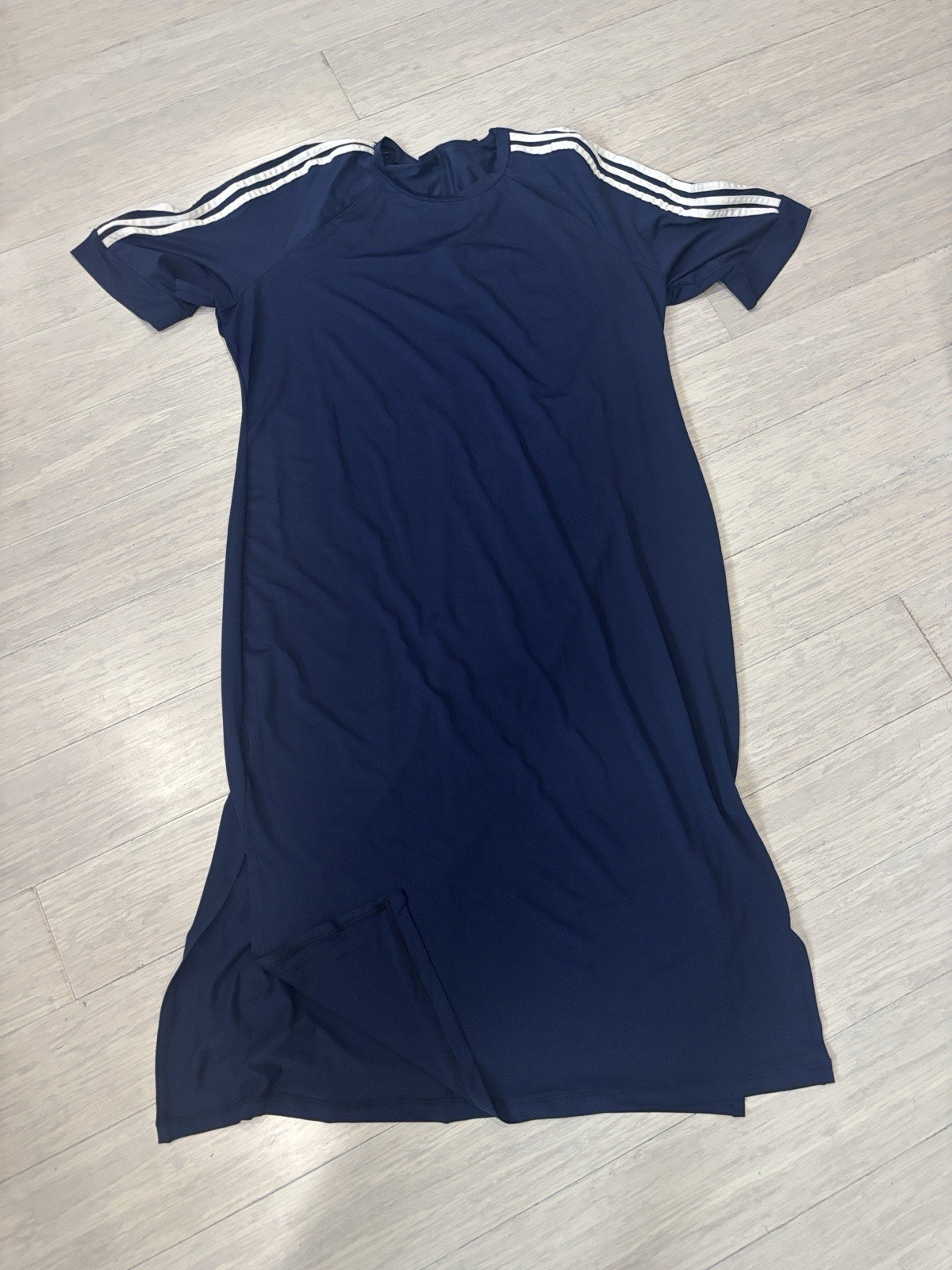 Women’s Blue 3-Stripe Logo T-Shirt Dress Midi Short Sleeve