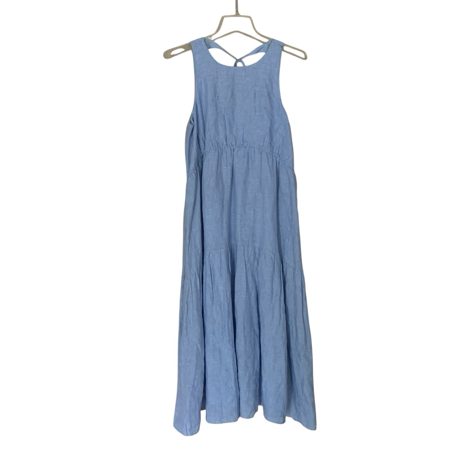 Haven Well Within Sz.S Blue Linen Sleeveless Tier Maxi Pockets Coastal Dress NEW
