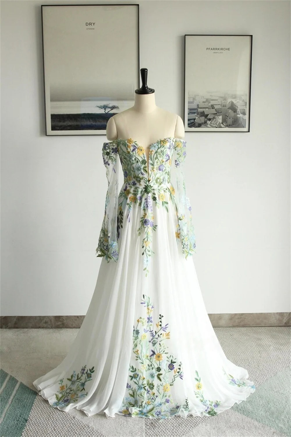 Bell Sleeves Flower Wedding Dresses Elegant Off Shoulder White A-Line Lace Up