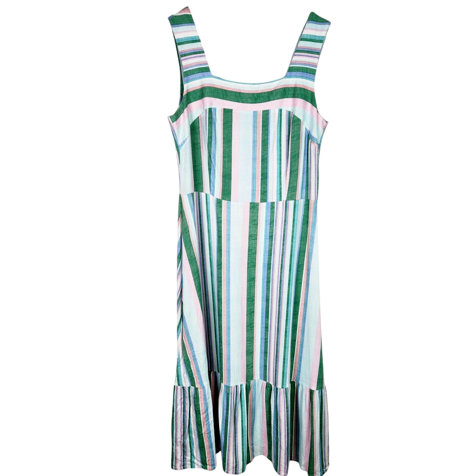 52seven Dress Womens 8 Green Stripe Square Neck Ruffle Hem Midi Sundress