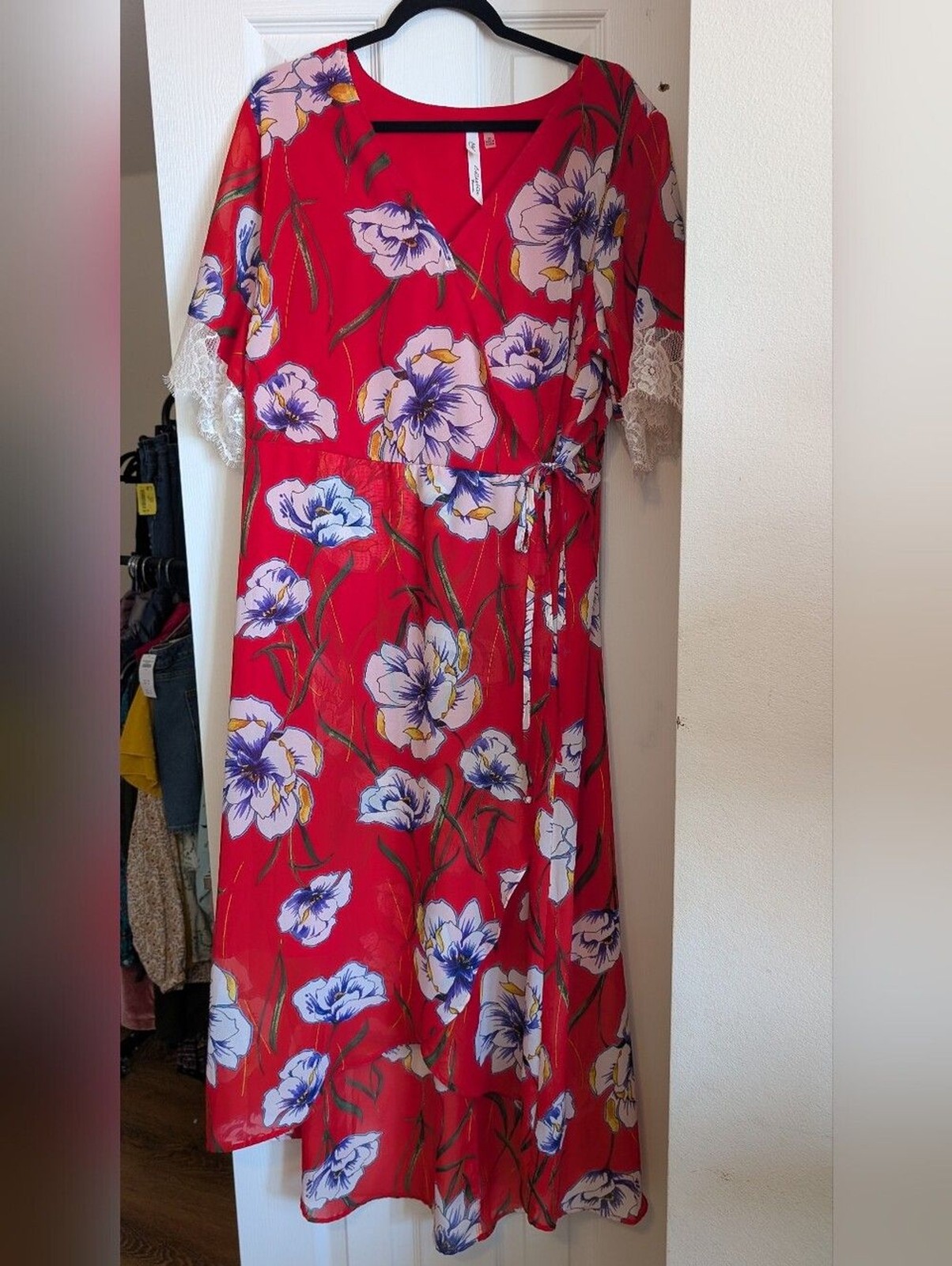 NY Collection Red Floral Boho V-Neck Wrap Dress with White Lace Sleeves Size 2X