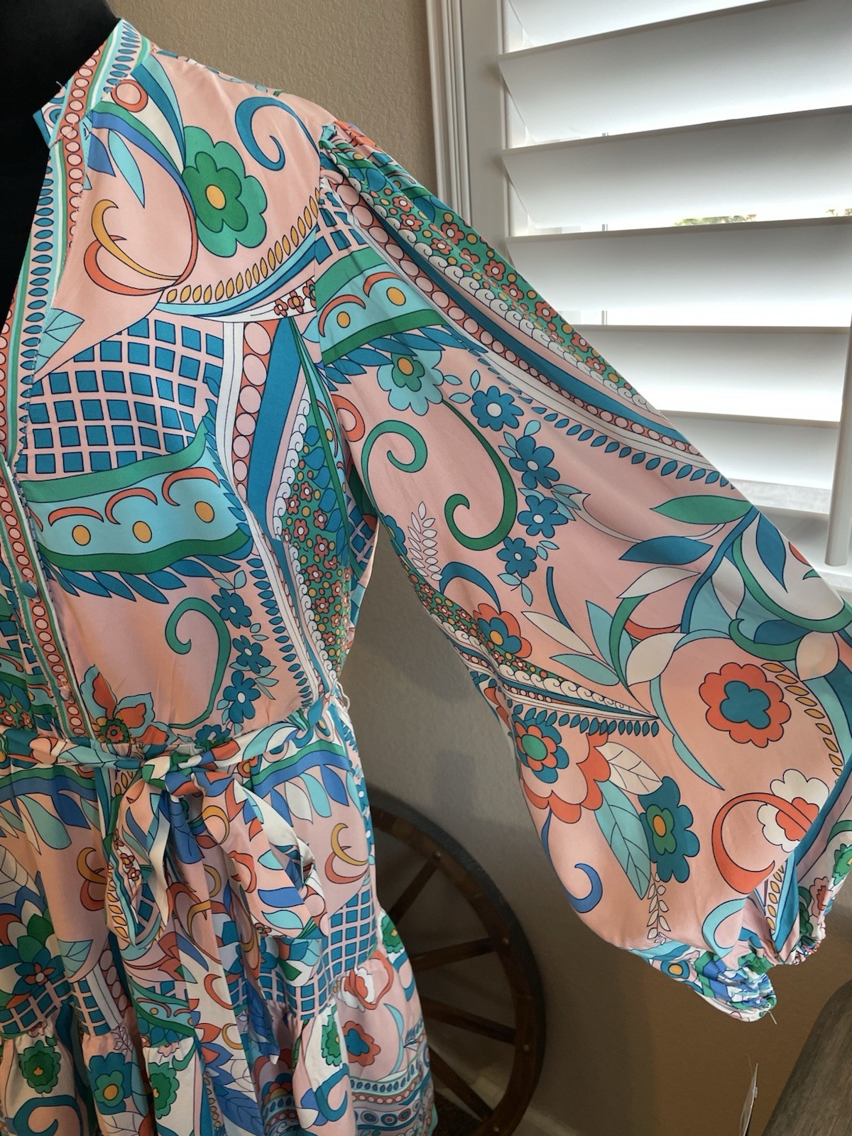 ADRIANNA PAPELL Long Sleeve Retro Print Dress Short Tie Waist Flowy Flouncy 14