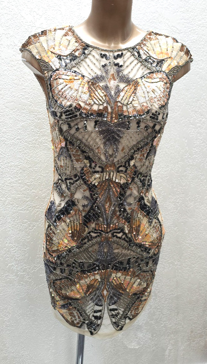 MISS SELFRIDGE Dress Size 8 Butterfly Sequin Beaded Mini Party Gatsby Gold