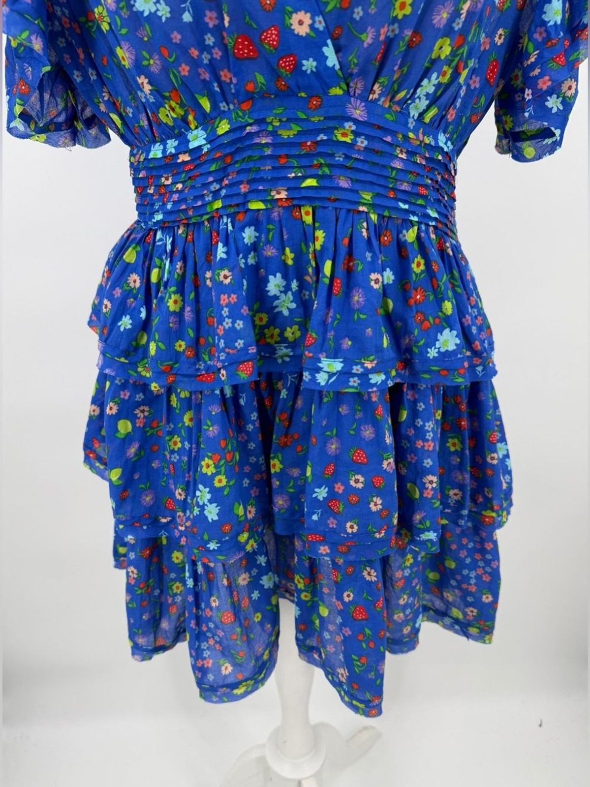 Blue Strawberry Floral Puff Sleeve Tiered Mini Dress L Cottagecore cotton euro