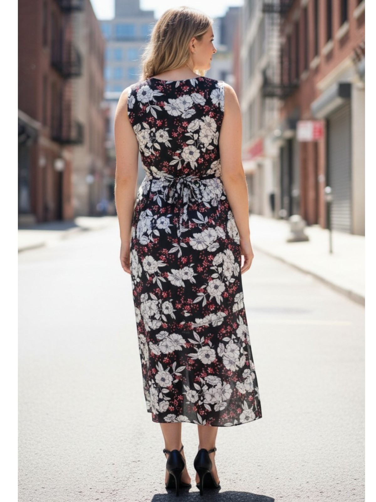Ladies Dress Black White Red Floral Print 3 Tier Triple Layer Georgette
