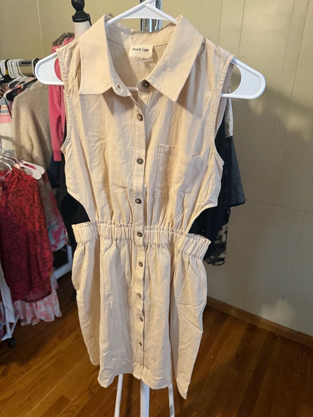 Peach Love California Sleeveless Button-Front Shirt Dress with Side Cutouts